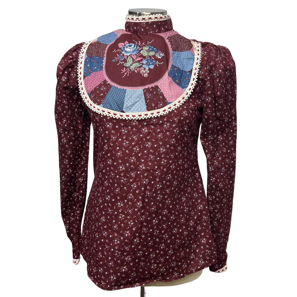 Millie Peasant Vintage Western Bib Patchwork Long Sleeve Blouse Size Small